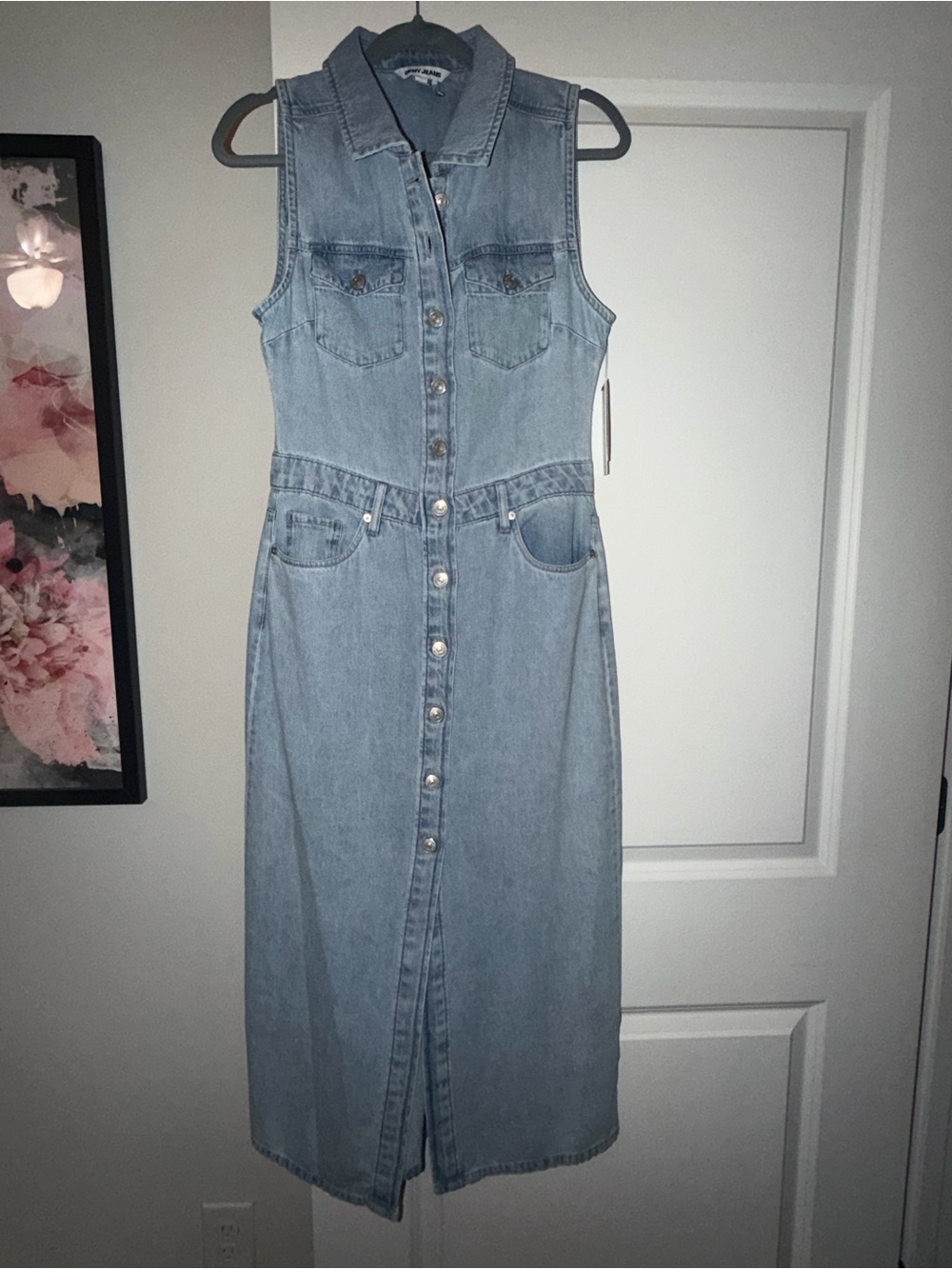 DKNY Denim Light Blue Button Front Sleeveless Midi Dress, Size Small - Picture 5 of 8